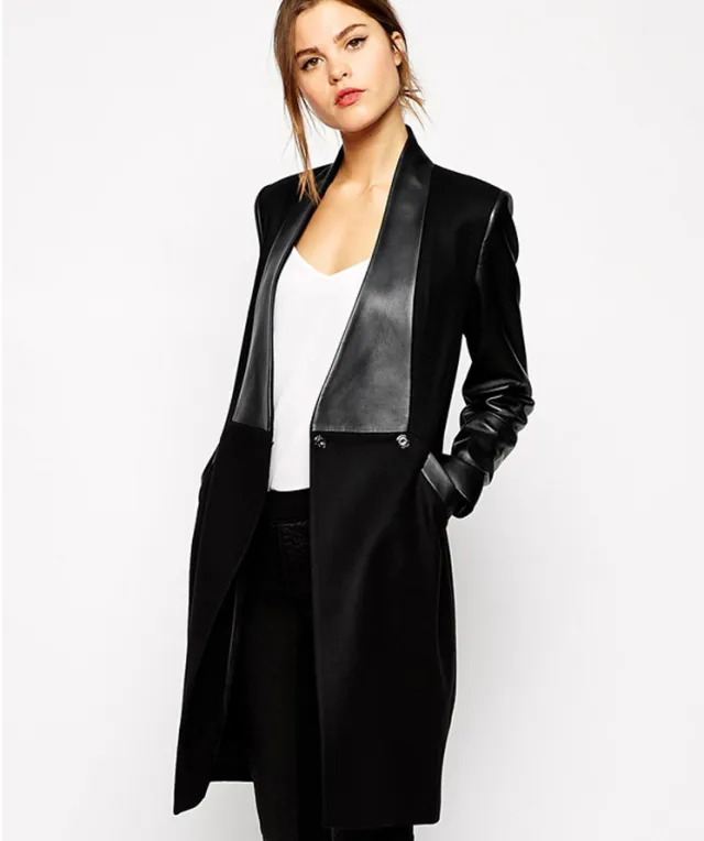 European and American stars with the new paragraph stitching leather long section Slim woolen coat woolen coat femal - Shop at LoveMi
