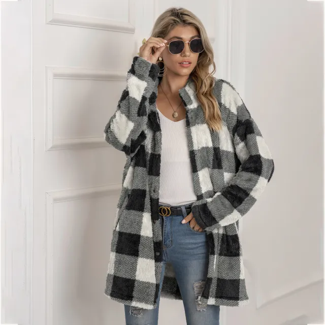 Contrast plaid long coat Grey - Shop at LoveMi