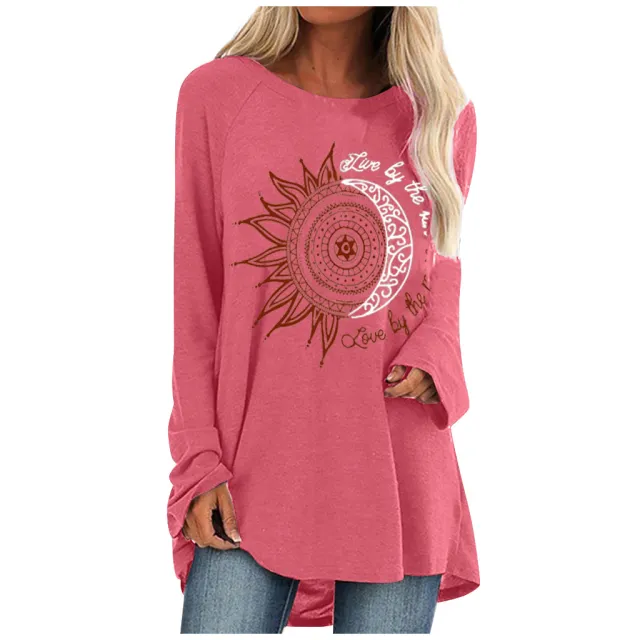 Loose round neck sun flower letter print long sleeve T shirt Carmine Xl - Shop at LoveMi
