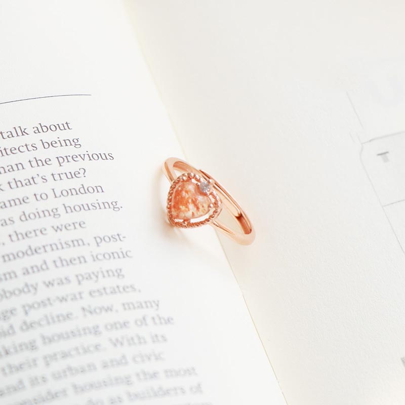 خاتم نسائي بتصميم قلب كريستال شمس من الذهب الطبيعي