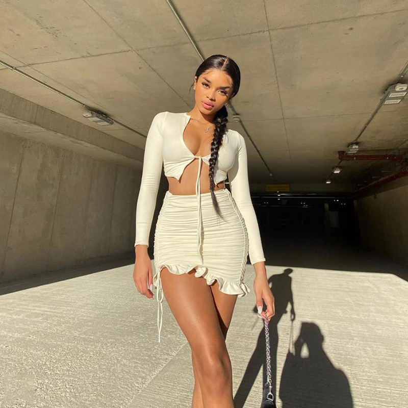 Long sleeve lace cardigan high waist bag hip skirt suit