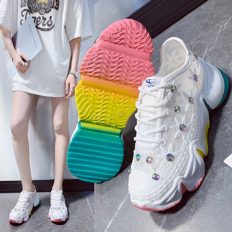 Mesh floral lace lace-up platform sneakers