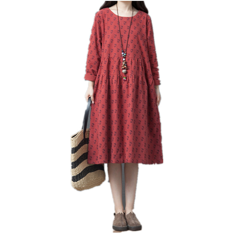 Loose stitching cotton and linen printed round neck dress