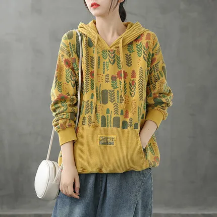 Retro print hooded sweater women loose slimming top Yellow - Shop at LoveMi