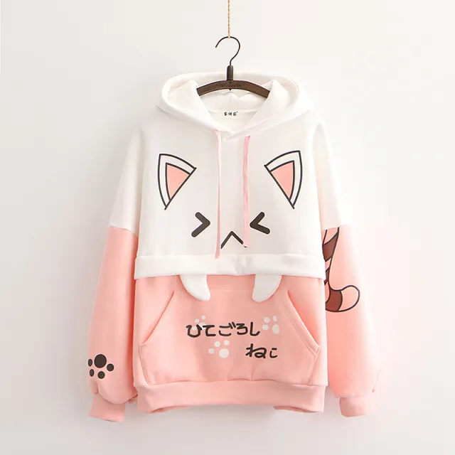 College style cartoon cat hooded plus velvet student sweater Pink - Shop at LoveMi