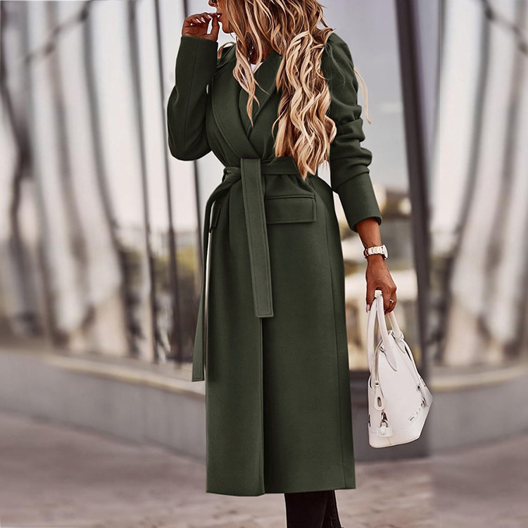 Thickened windbreaker jacket women's solid color belt classic long Nizi coat Green - Shop at LoveMi