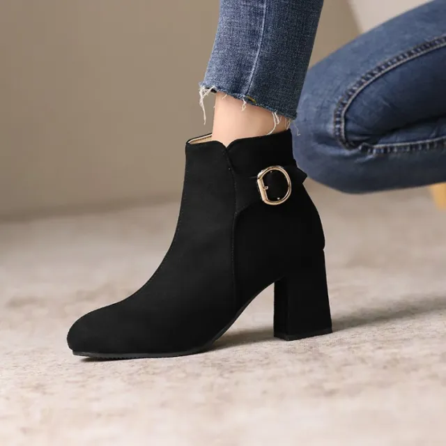 Thick heel ankle boots with velvet metal buckle Black - Shop at LoveMi
