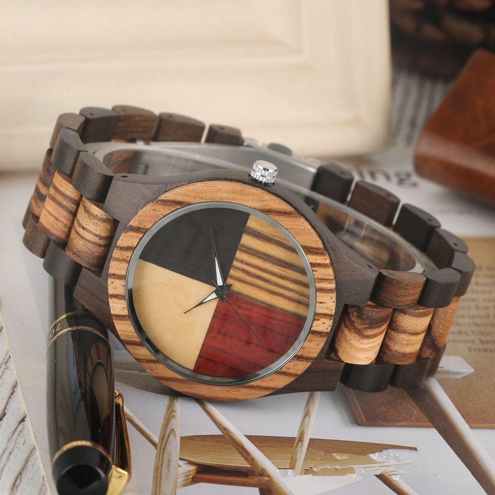 Bamboo and wood four-color splicing quartz watch
