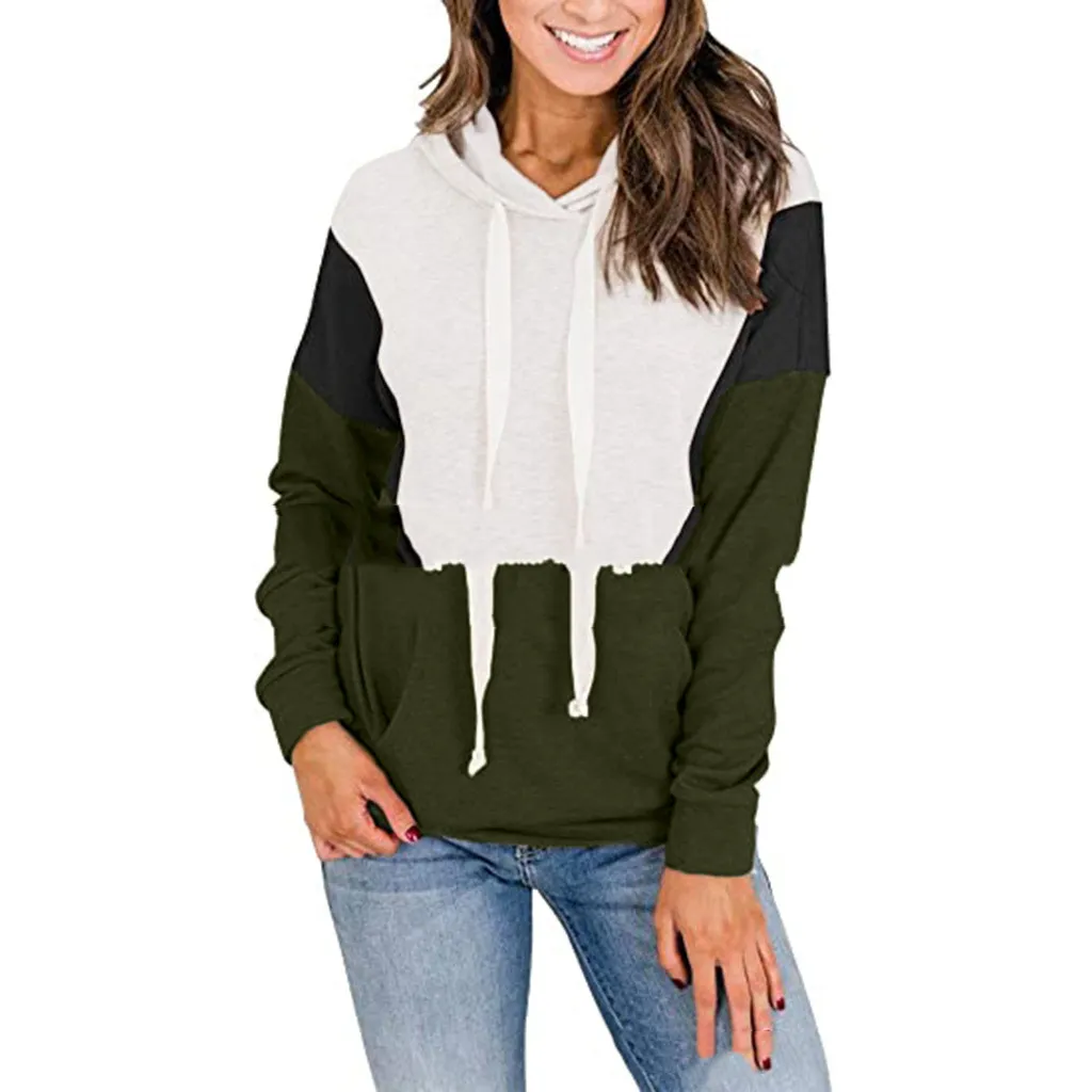 Stitching contrast color hooded sweater women - Green