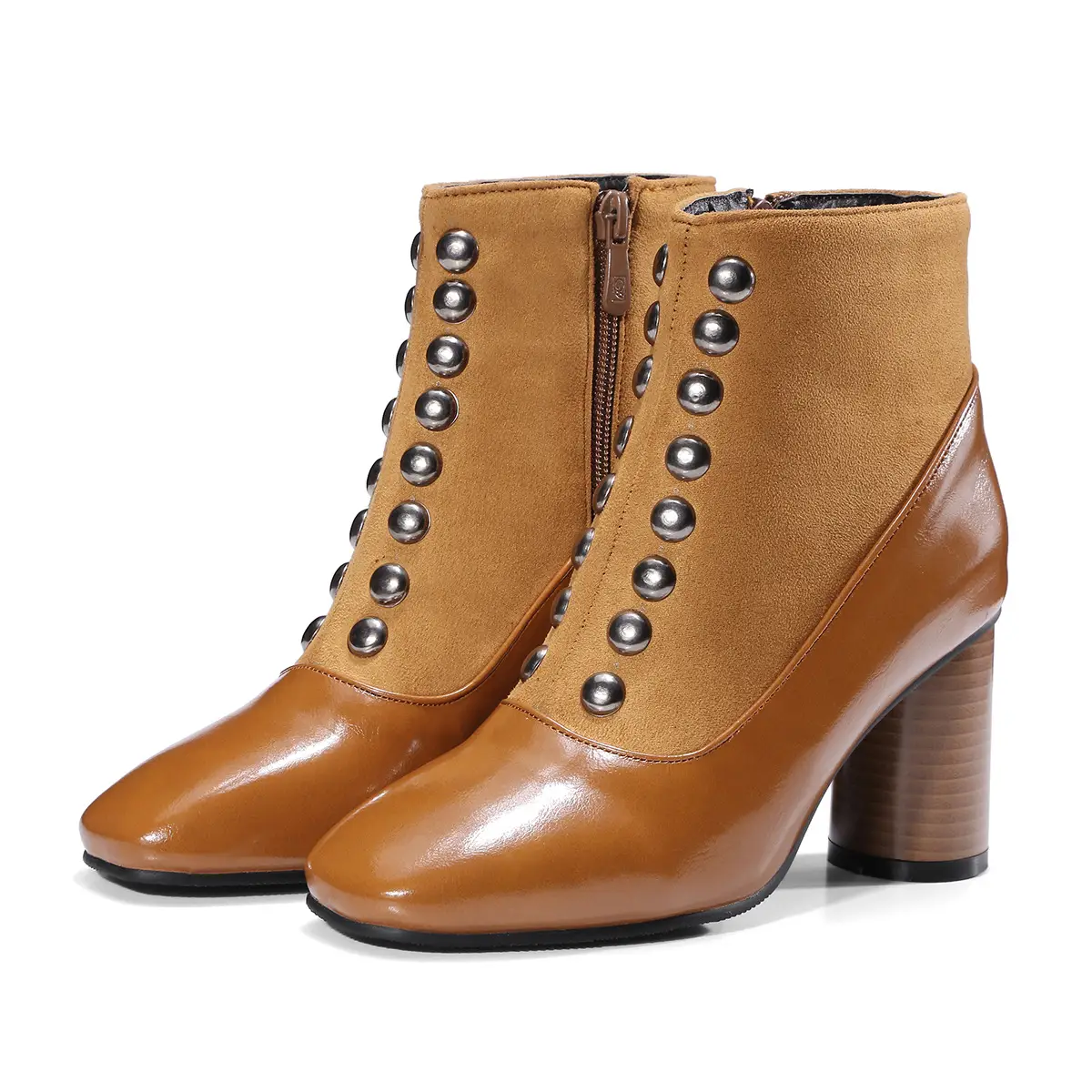 Thick heel high heel booties with rivets
