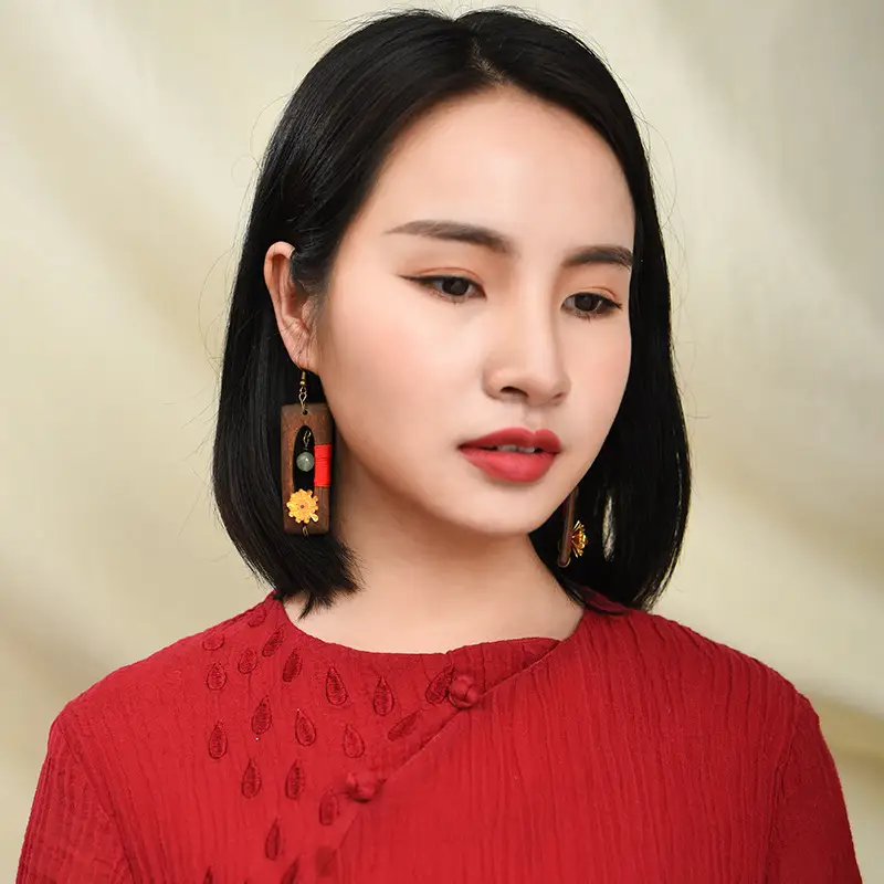 Wood long Flower Earrings