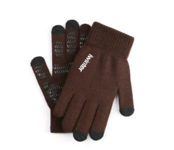 Touch screen gloves men's winter non slip driving female students knitting wool couple plus velvet warm outdoor riding gloves Female Coffee - Shop at LoveMi