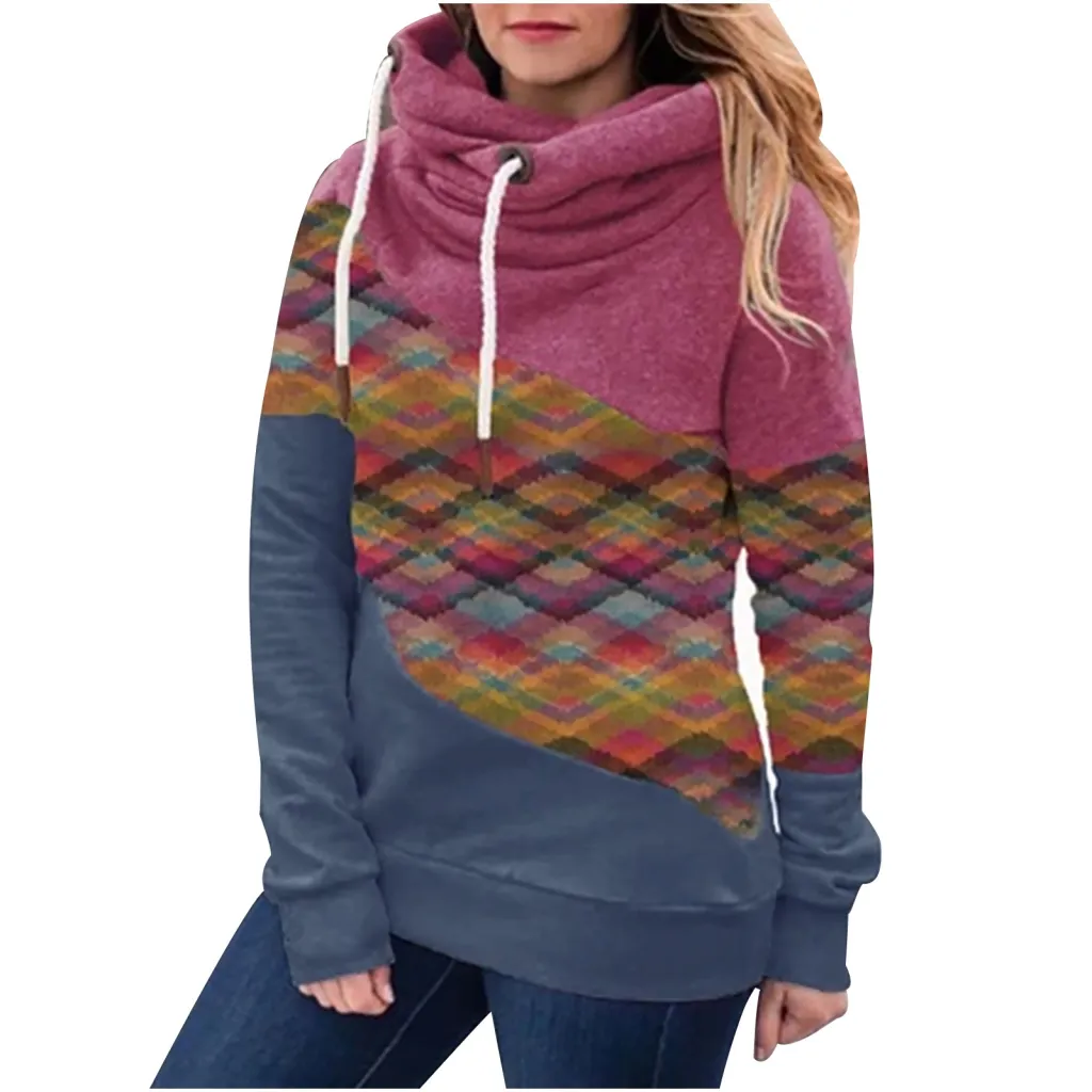 Tri Color patchwork drawstring hood casual fashion sweater - Pink