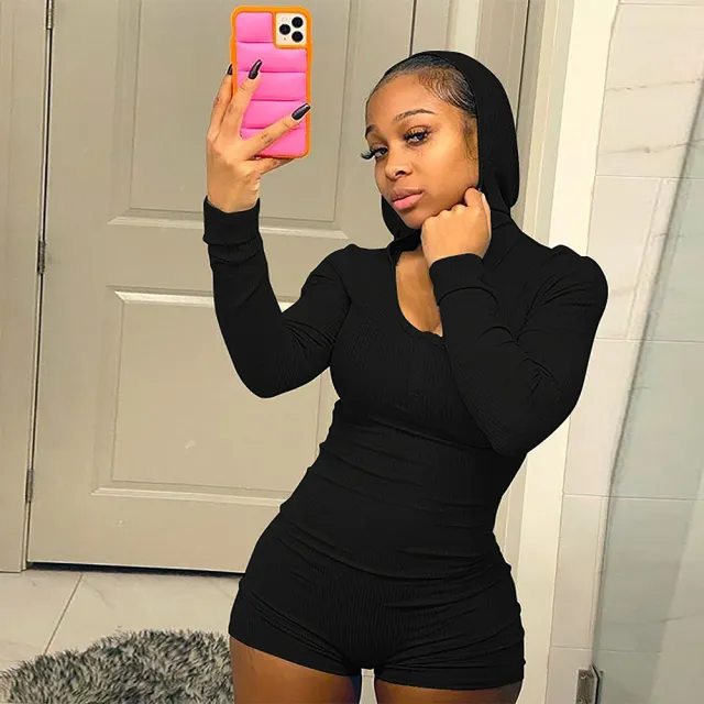Sporty solid hooded long sleeve slim Jumpsuit shorts Black - Shop at LoveMi
