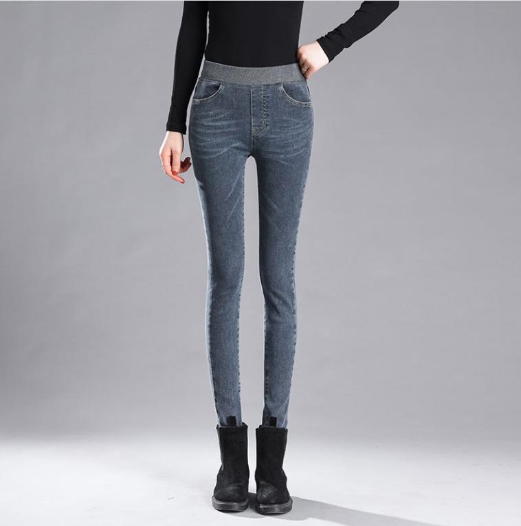 Outer wear warm stretch and fleece elastic waist jeans