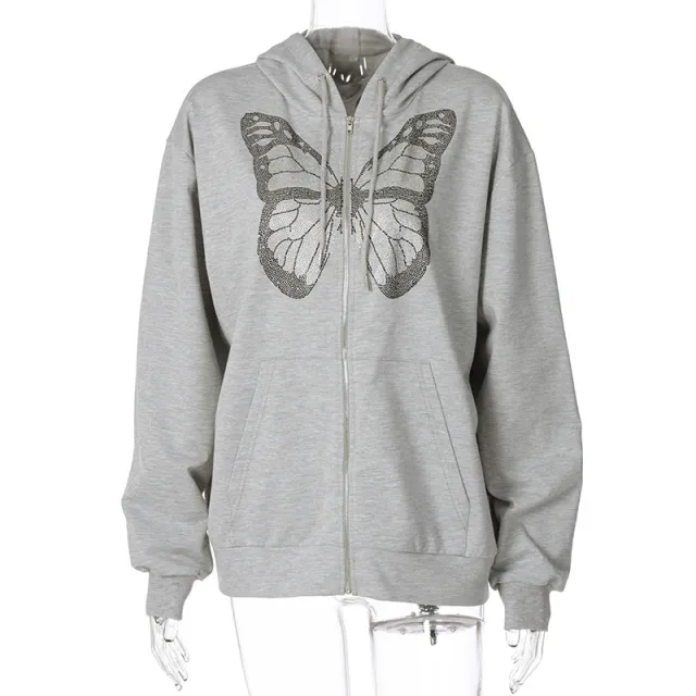 Fashion Oversized Butterfly Graphic Rhinestone Zip Up Hoodies E girl 90s Streetwear Diamond Grey Long Jacket Autumn Grey - Shop at LoveMi