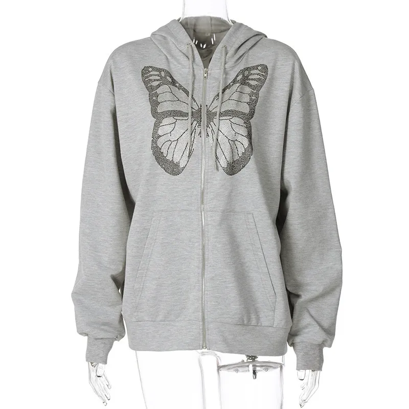 Fashion Oversized Butterfly Graphic Rhinestone Zip Up Hoodies E-girl 90s Streetwear Diamond Grey Long Jacket Autumn - Grey