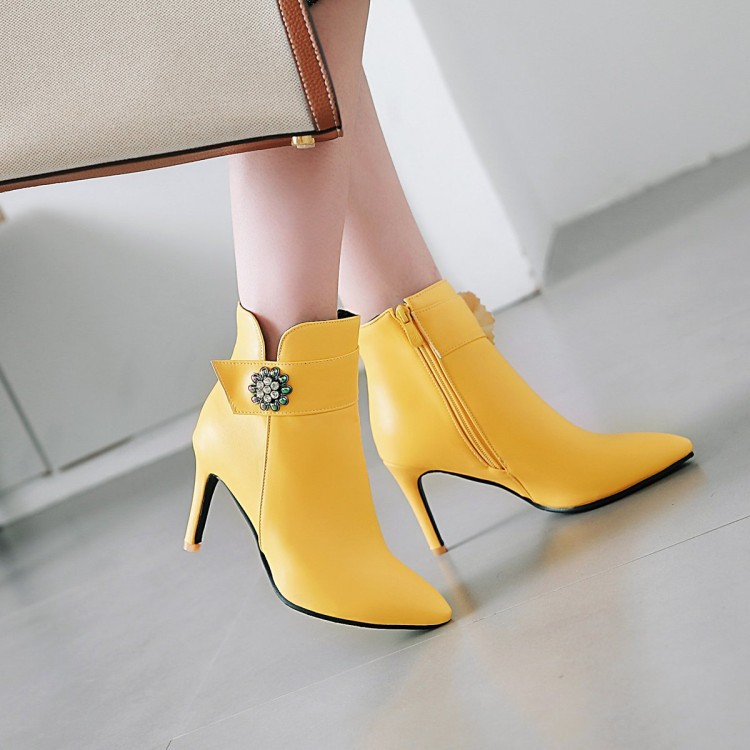 Pointed stiletto heel boots with rhinestone side zip