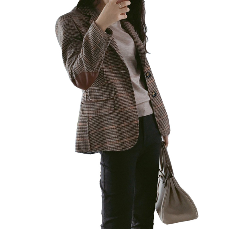 Woolen plaid small suit women jacket Brown - Shop at LoveMi