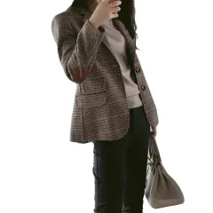 Woolen plaid small suit women jacket - Brown - View 1