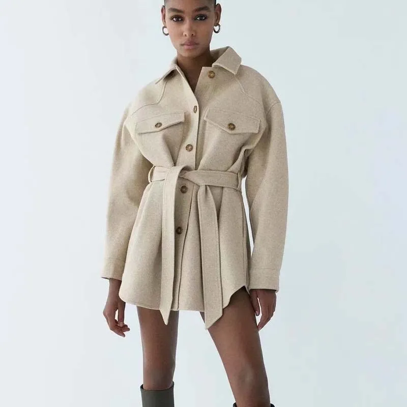 Casual and simple shirt-style mid-length jacket autumn and winter high waist and thin women's belt - Beige