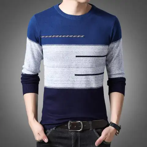Winter Pullover Men Round Collar Striped Cotton Sweaters Slim