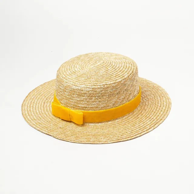 Straw hat with velvet ribbon and flat top Yellow - Shop at LoveMi