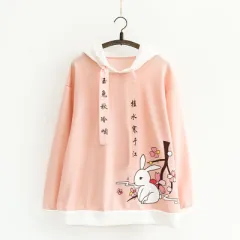College style wild cartoon soft girl cute rabbit print wide hood long sleeve sweater - Pink - View 1