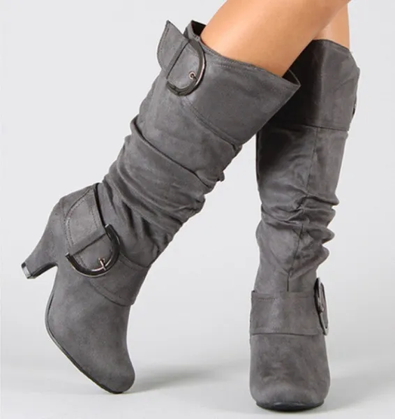 Belt buckle mid boots zipper ladies shoes - Grey