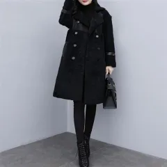Lamb hair mid-length fur coat with faux fur - Black - View 1