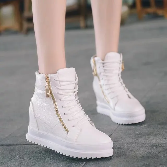 Inner height zipper mid heel wedge shoes White - Shop at LoveMi
