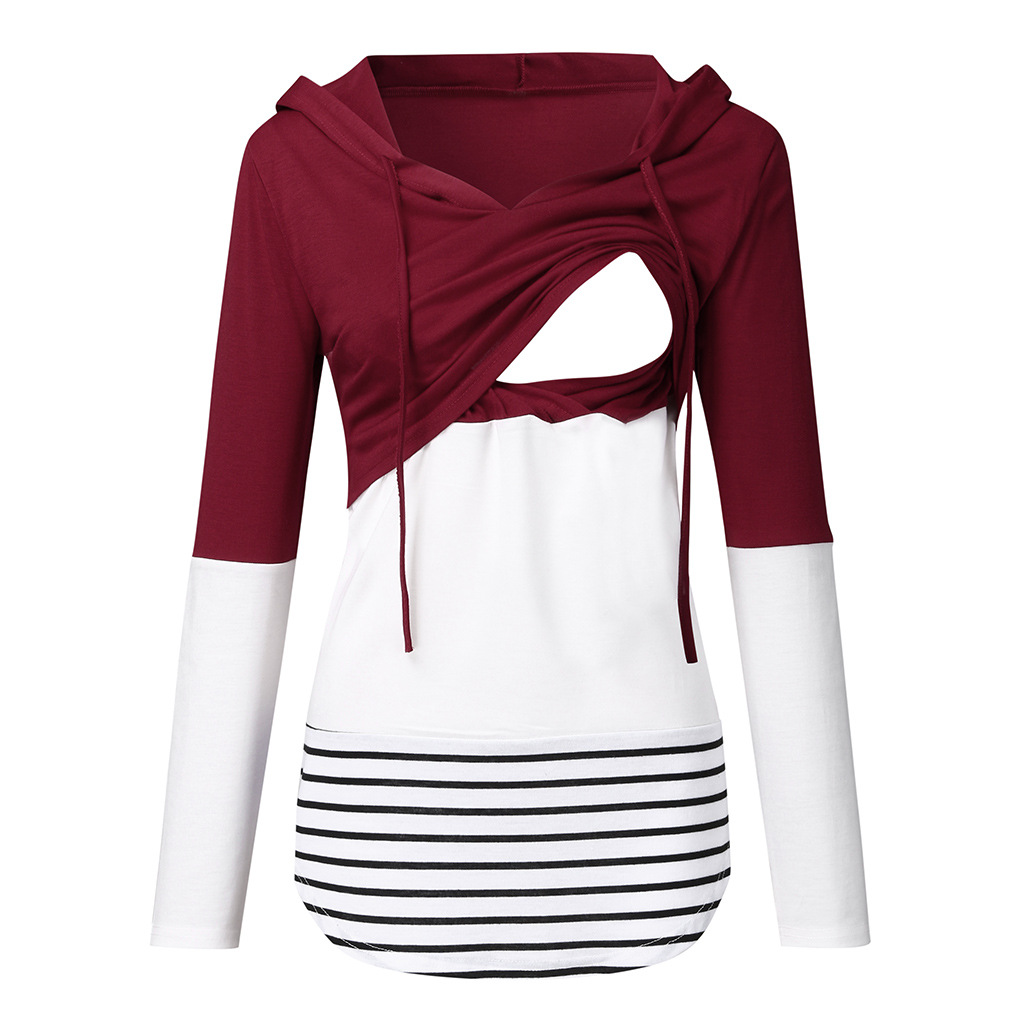 Autumn and winter color-blocking long-sleeved hooded nursing coat