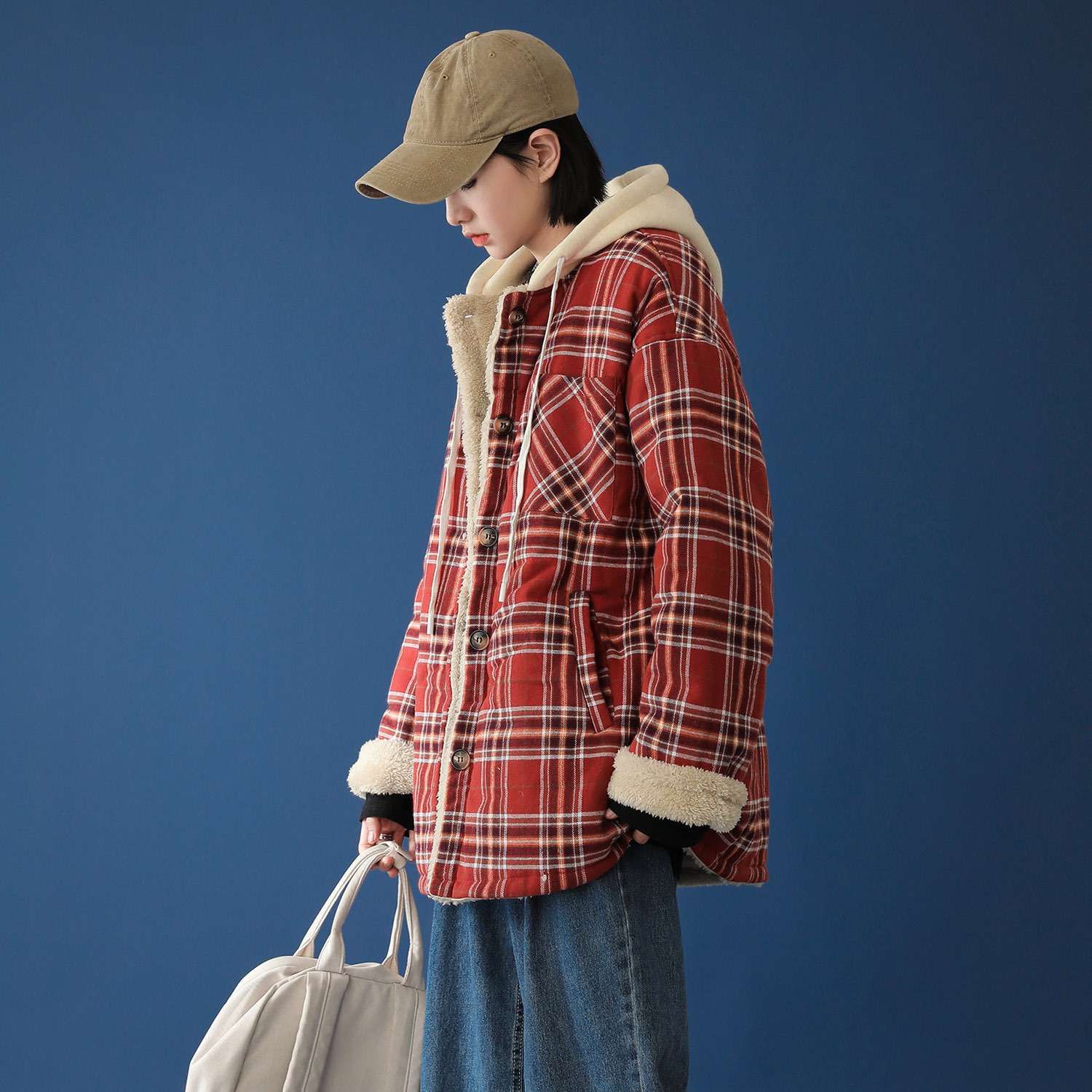 Hooded plaid cotton jacket