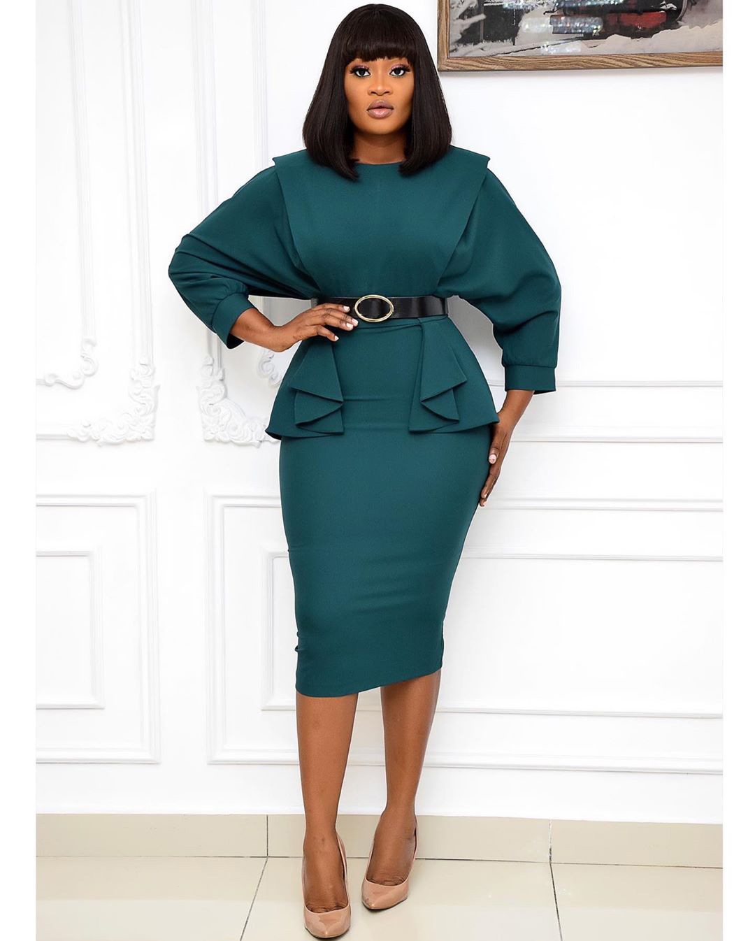 Mid-length solid color high waist dress