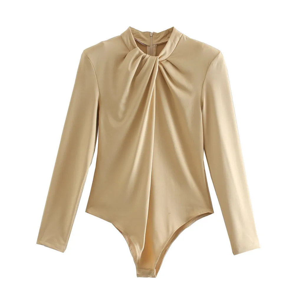 Long-sleeved knotted shoulder pad bodysuit - Khaki