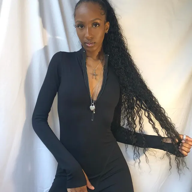 Solid color long sleeve hip lifting slim all in one pants Black - Shop at LoveMi