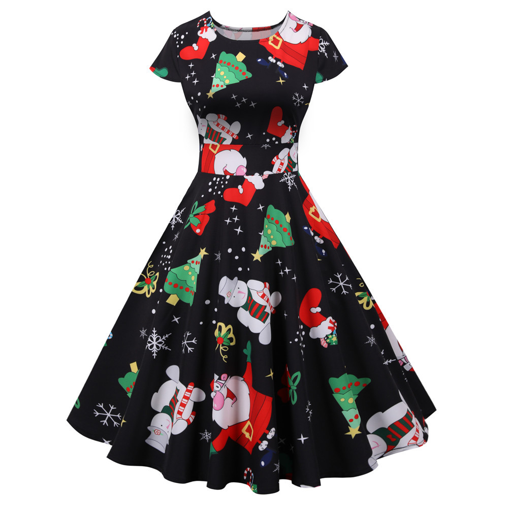 Christmas round neck short sleeve printed dress