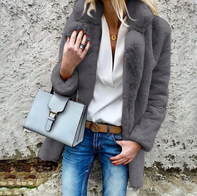 autumn and winter new style solid color long sleeved lapel women's fluffy coat coat 5 Dark Grey - Shop at LoveMi