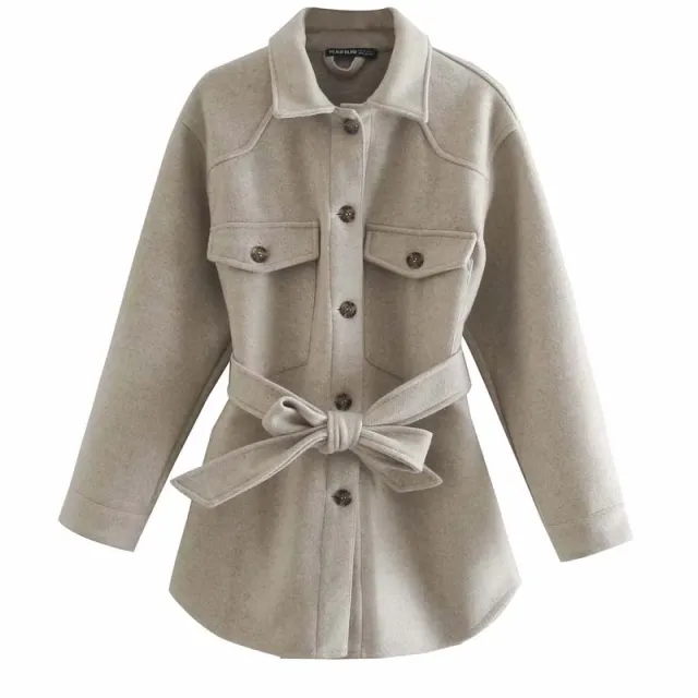 Casual and simple shirt style mid length jacket autumn and winter high waist and thin women's belt Grey - Shop at LoveMi