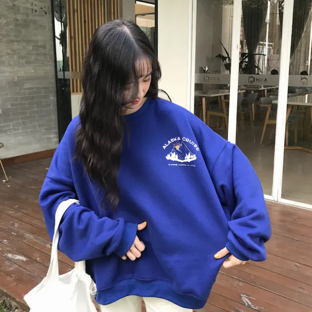 Loose round neck lazy style bf thin student sweater Blue - Shop at LoveMi