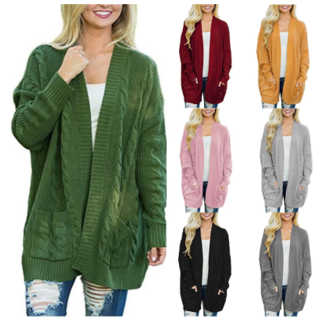 Mid-length large double-pocket twist knit cardigan