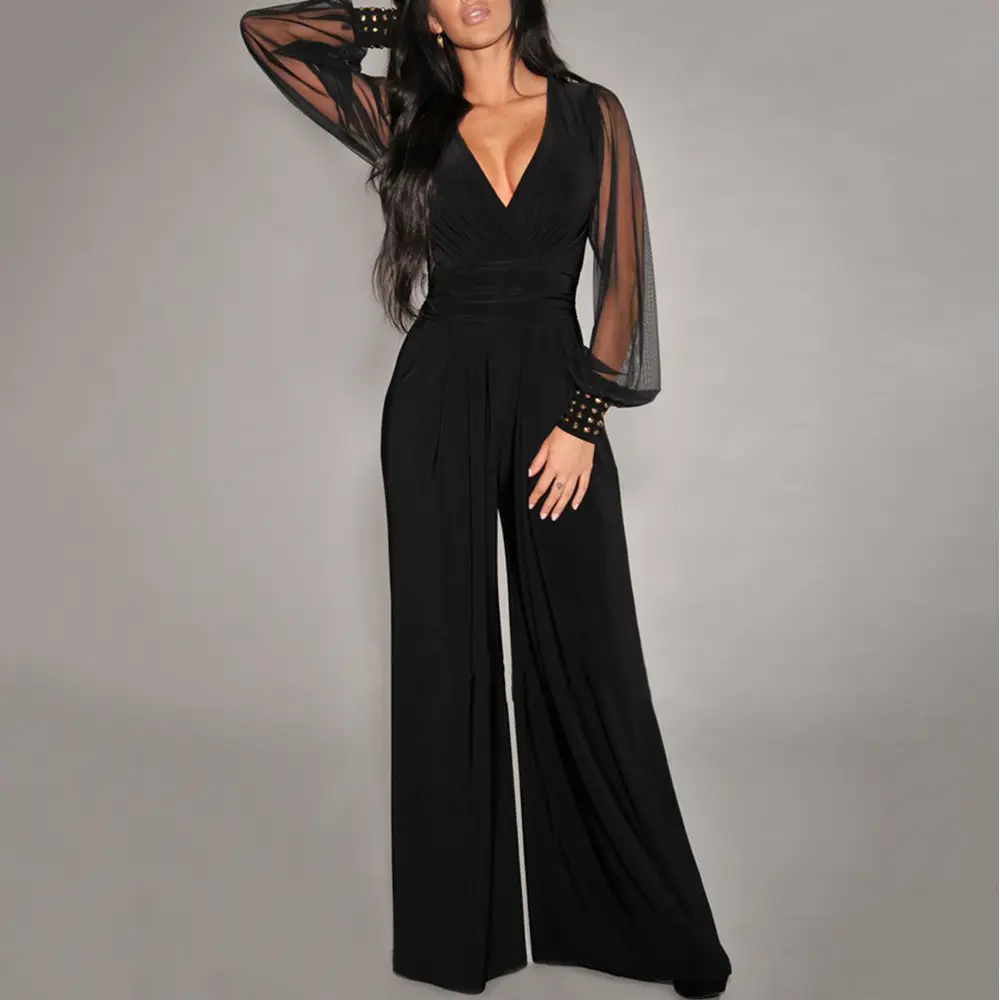 Mesh stitching rivet straight-leg jumpsuit