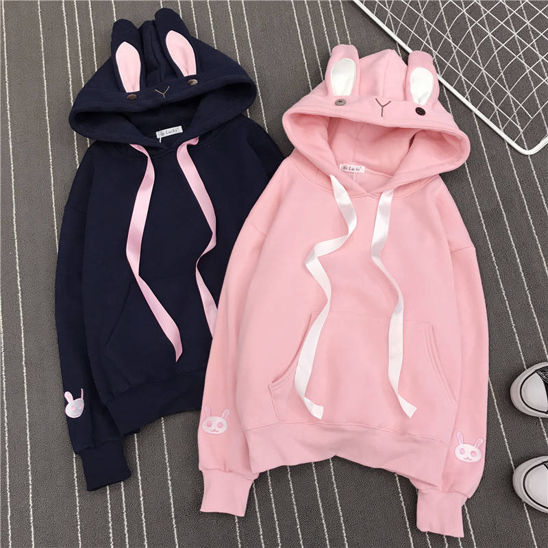 Pink embroidered rabbit ears and fleece hooded sweater