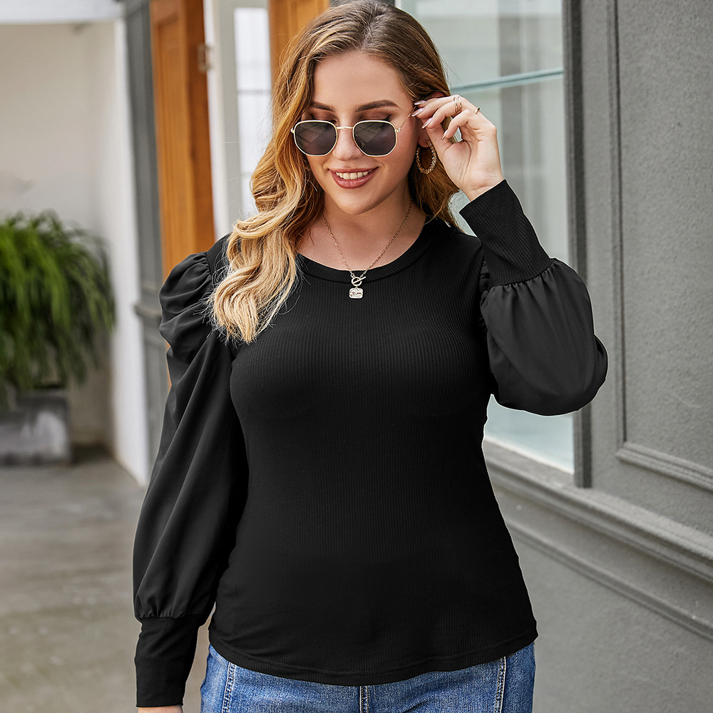 Slim fashion Pullover retro pleated bubble sleeve T-shirt