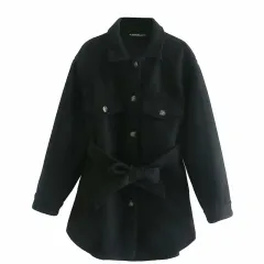 Casual and simple shirt-style mid-length jacket autumn and winter high waist and thin women's belt - Black - View 1