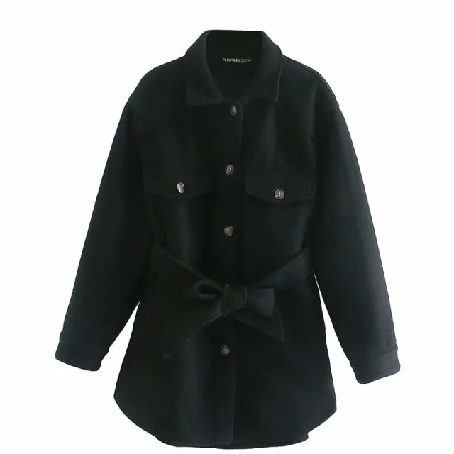Casual and simple shirt style mid length jacket autumn and winter high waist and thin women's belt Black - Shop at LoveMi