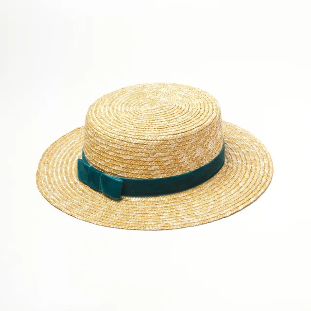 Straw hat with velvet ribbon and flat top Blue - Shop at LoveMi