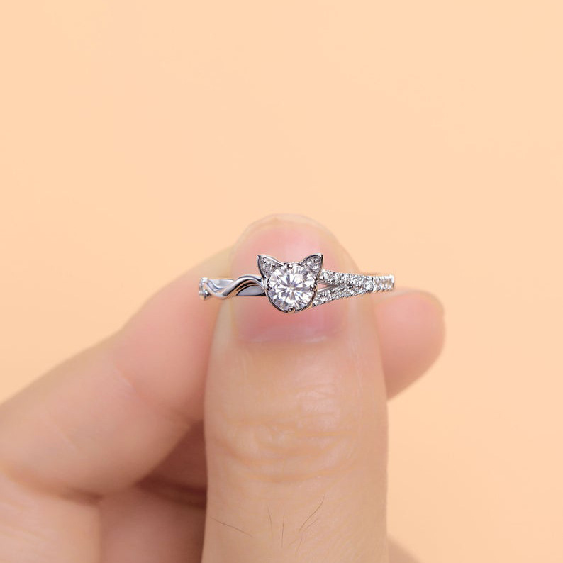 Moissan diamond cute cat ring