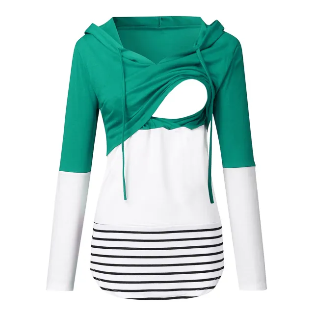 Autumn and winter color blocking long sleeved hooded nursing coat Light Green - Shop at LoveMi