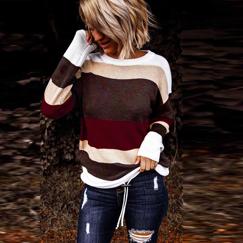 Round neck color block long-sleeved sweater